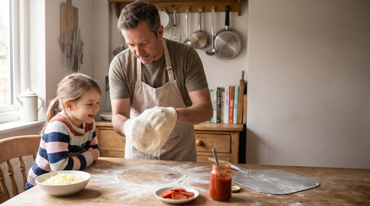 A dad and his daughter making pizza together at home