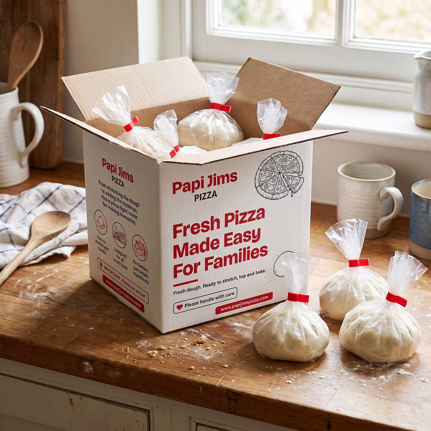 Papi Jim's pizza dough ball kit box, opened