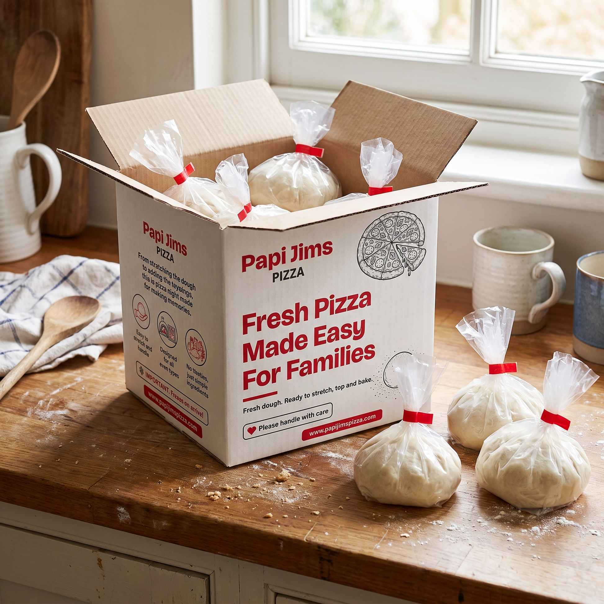 Papi Jim's pizza dough ball kit box, opened