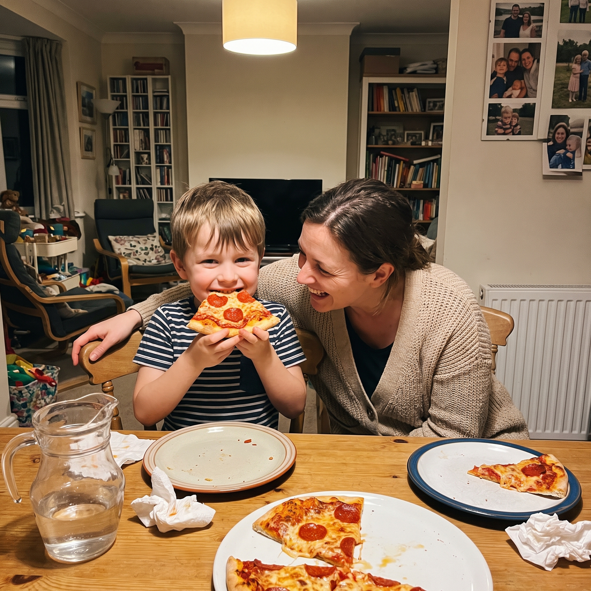 A mum and her son enjoying home-made pizza at the table