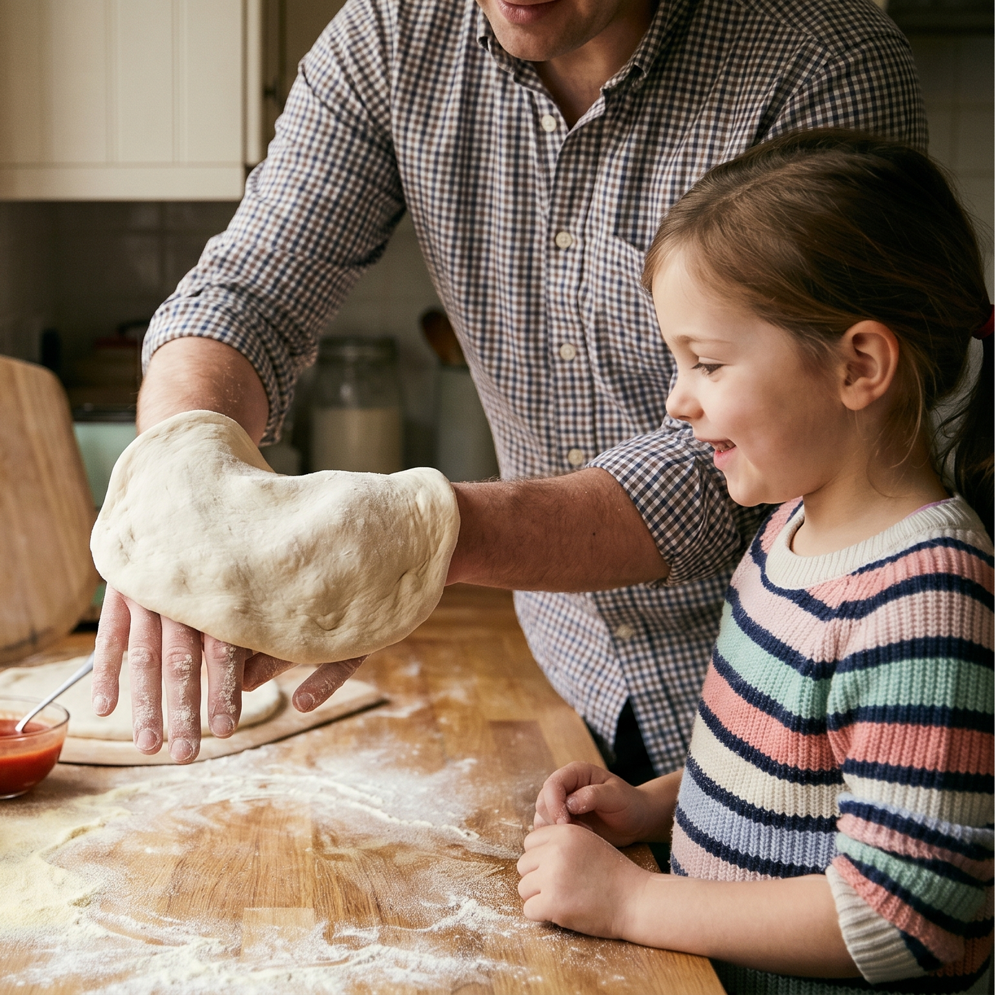Stretching Papi Jim's pizza dough with the family