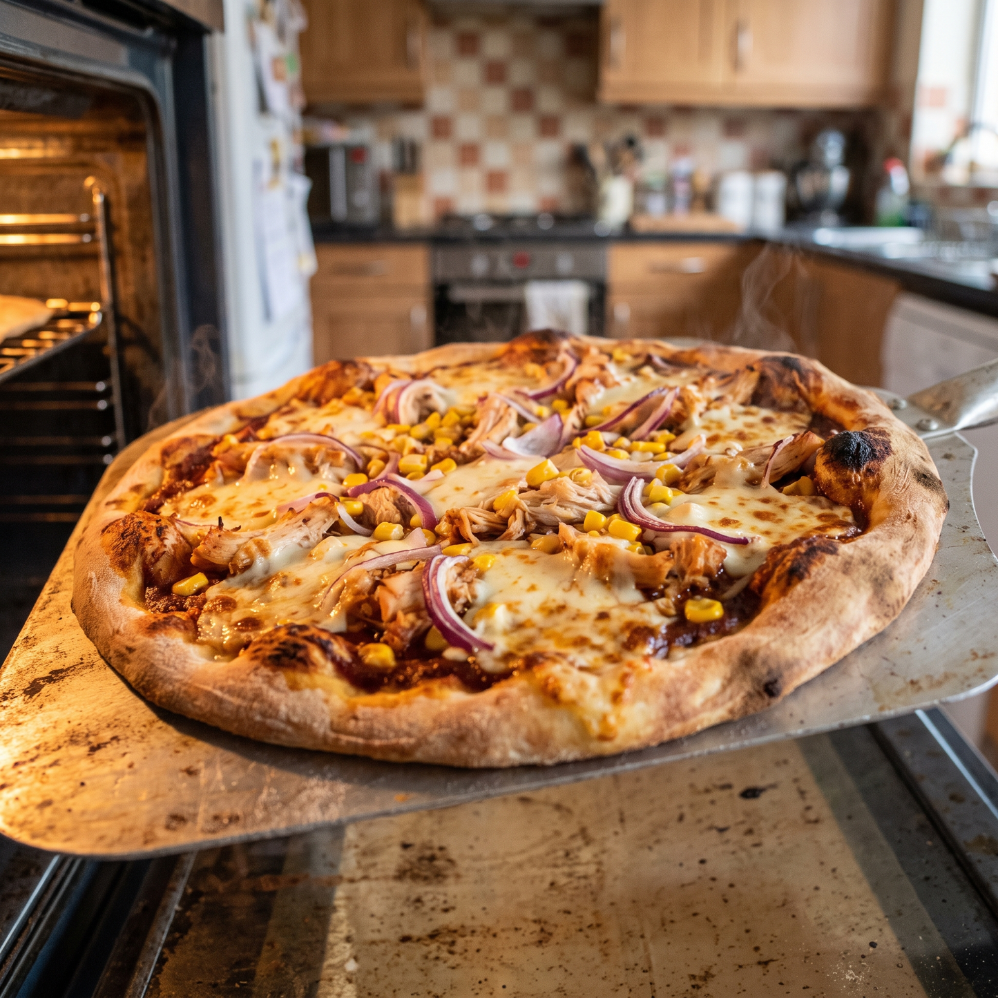 Home-made BBQ chicken and sweetcorn pizza fresh from the oven