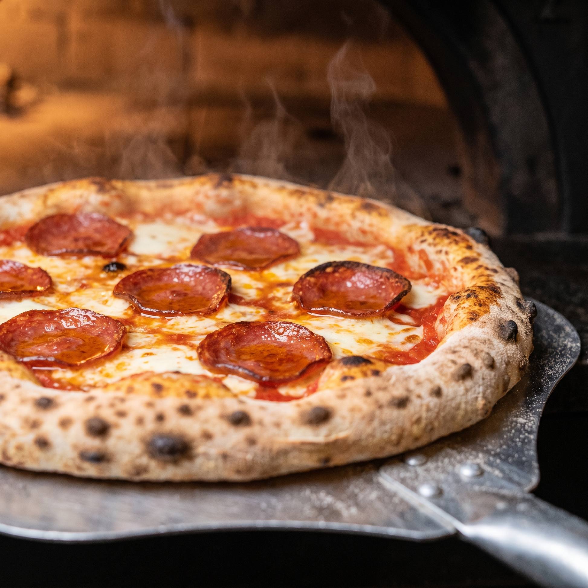 Home-made pepperoni pizza with a leopard-spotted crust